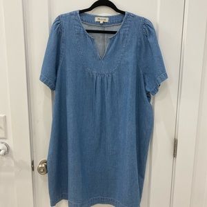 Madewell split neck denim dress with bell sleeves